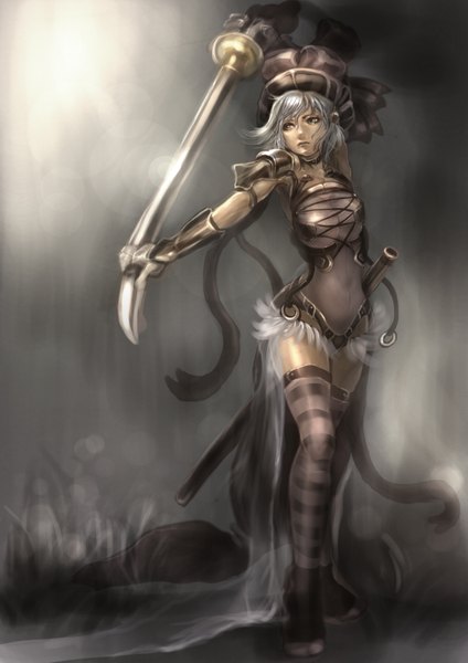 Anime picture 2480x3507 with sakaiyuuki (artist) single tall image highres short hair breasts light erotic silver hair night midriff grey eyes legs valkyrie girl thighhighs navel weapon hat sword