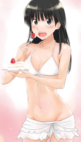 Anime picture 1208x2100 with amagami ayatsuji tsukasa coroske (artist) single long hair tall image looking at viewer blush open mouth light erotic black hair black eyes girl navel swimsuit bikini food sweets white bikini berry (berries)