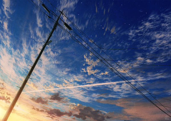 Anime picture 1300x919 with original mocha (cotton) signed sky cloud (clouds) sunlight night from below night sky evening no people scenic condensation trail star (stars) power lines lamppost