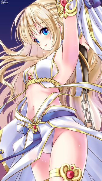 Anime picture 540x960 with goblin slayer! white fox priestess (goblin slayer!) yamaguchi yuu single long hair tall image looking at viewer blush fringe breasts open mouth blue eyes light erotic blonde hair smile hair between eyes standing holding signed