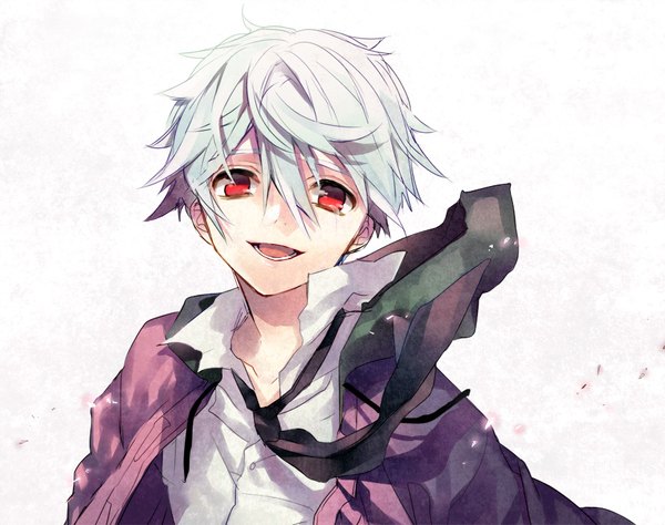 Anime picture 885x700 with mirai nikki akise aru tibino single looking at viewer fringe short hair open mouth simple background hair between eyes red eyes silver hair upper body wind tears boy necktie hood