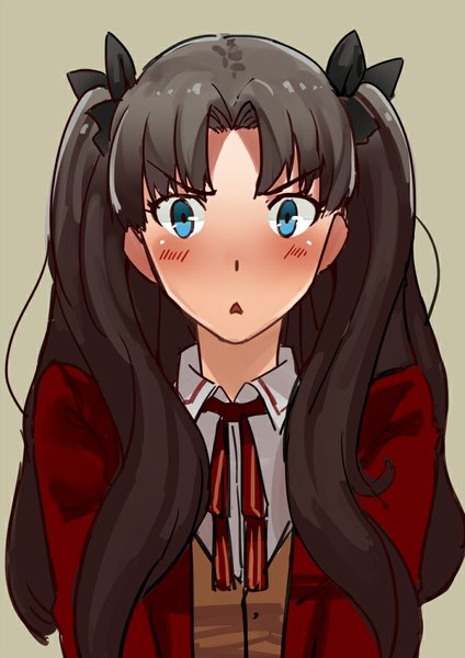 Anime picture 708x1002 with fate (series) fate/stay night type-moon toosaka rin nanaya (daaijianglin) single long hair tall image looking at viewer blush blue eyes simple background brown hair twintails surprised girl ribbon (ribbons) hair ribbon jacket