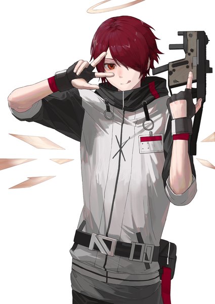 Anime picture 2508x3541 with arknights exusiai (arknights) rairyuu single tall image fringe highres short hair simple background red eyes white background red hair hair over one eye victory :q genderswap boy gloves weapon wings