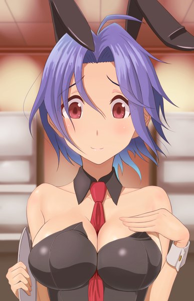 Anime picture 1300x2016 with idolmaster miura azusa taka (takahirokun) single tall image looking at viewer blush short hair breasts light erotic red eyes animal ears cleavage purple hair bunny ears fake animal ears between breasts girl necktie wrist cuffs