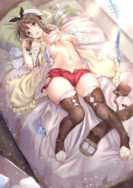 Anime picture 885x1252 with atelier (series) atelier ryza gust (company) reisalin stout yukishiro arute single tall image looking at viewer blush short hair breasts open mouth light erotic brown hair brown eyes payot full body bent knee (knees) lying head tilt