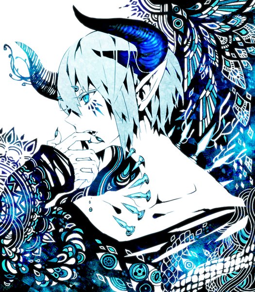 Anime picture 700x800 with original yummy (yumyumyummy) single tall image fringe short hair blue eyes hair between eyes blue hair looking away upper body profile horn (horns) pointy ears androgynous finger in mouth bite