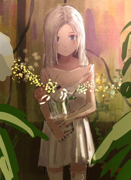 Anime picture 875x1199 with original rotus single long hair tall image looking at viewer blush fringe blue eyes standing bare shoulders holding white hair hair over one eye bare legs strap slip girl dress flower (flowers) white dress