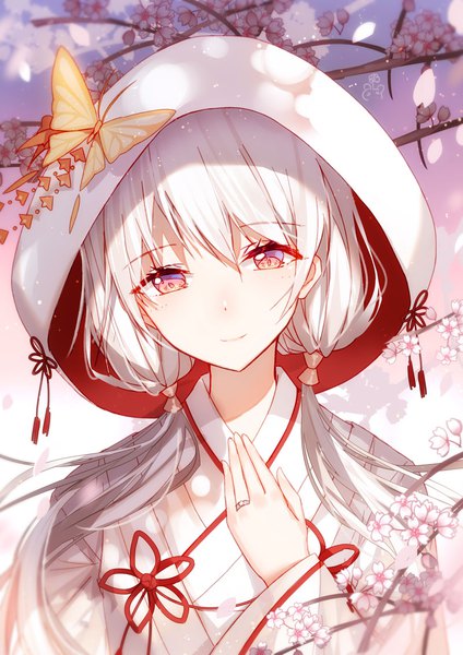 Anime picture 800x1131 with warship girls r bison cangshu single long hair tall image looking at viewer fringe hair between eyes twintails purple eyes silver hair upper body traditional clothes head tilt japanese clothes light smile cherry blossoms low twintails girl kimono