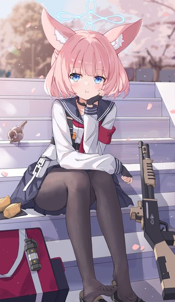 Anime picture 1163x2000 with blue archive niko (blue archive) serika single tall image looking at viewer fringe short hair blue eyes sitting animal ears pink hair outdoors blunt bangs fox ears head rest girl uniform weapon animal