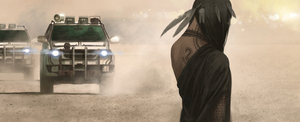 Anime picture 1500x610 with original shiira single long hair black hair wide image standing from behind tattoo back revision dust girl hair ornament feather (feathers) ground vehicle car