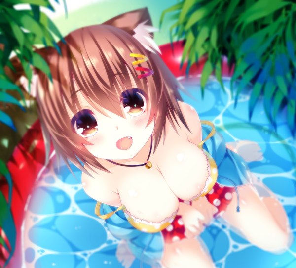 Anime picture 1328x1200 with original ojitcha single looking at viewer blush short hair breasts open mouth light erotic brown hair large breasts brown eyes animal ears cleavage girl swimsuit bikini