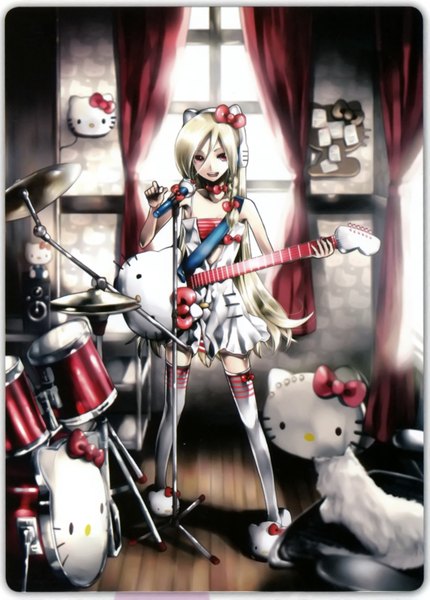 Anime picture 1057x1476 with hello kitty hello kitty to issho! sanrio rio (hello kitty to issho!) kei (keigarou) long hair tall image looking at viewer fringe open mouth blonde hair red eyes bare shoulders braid (braids) twin braids singing girl thighhighs dress bow