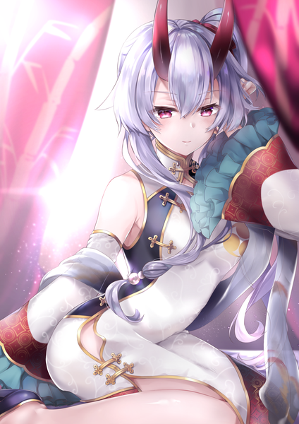 Anime picture 2895x4093 with fate (series) fate/grand order tomoe gozen (fate) hane yuki single long hair tall image looking at viewer blush fringe highres hair between eyes red eyes sitting holding silver hair traditional clothes arm up horn (horns) sunlight