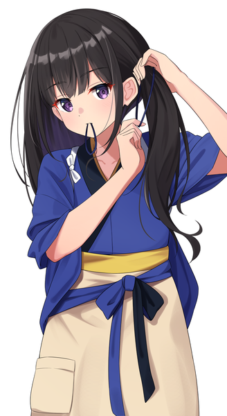 Anime picture 894x1637 with lycoris recoil inoue takina syurimp single long hair tall image fringe black hair simple background white background purple eyes traditional clothes japanese clothes adjusting hair tying hair hair tie in mouth girl kimono hair tie tasuki