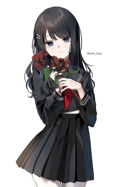 Anime picture 1000x1500 with idolmaster idolmaster shiny colors kazano hiori sake dong single long hair tall image looking at viewer fringe blue eyes black hair simple background standing white background signed pleated skirt twitter username expressionless girl skirt