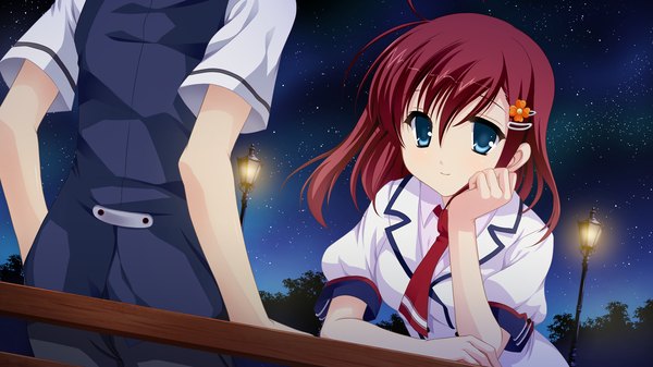 Anime picture 2048x1152 with namima no kuni no faust highres short hair blue eyes wide image game cg red hair night girl uniform hair ornament school uniform hairclip