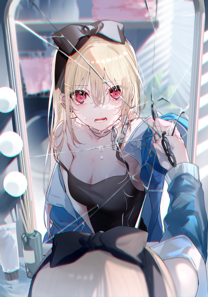 Anime picture 999x1427 with original miwano rag single long hair tall image fringe breasts open mouth blonde hair hair between eyes red eyes holding looking away cleavage upper body from above off shoulder open jacket tears reflection