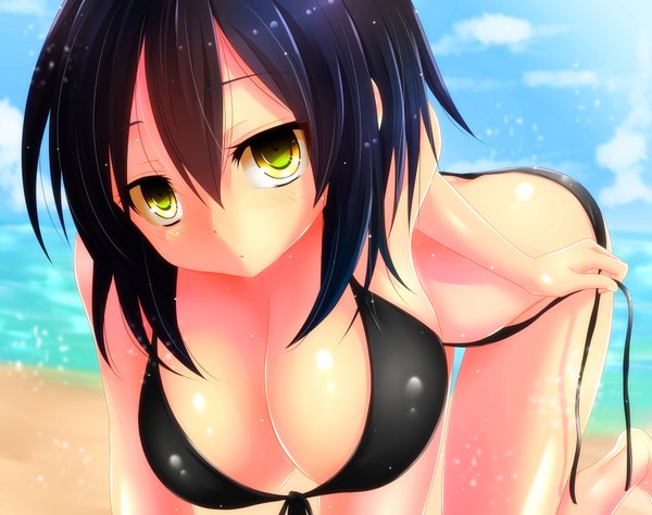 Anime picture 2000x1580 with original watarui single looking at viewer blush fringe highres short hair breasts light erotic hair between eyes large breasts bare shoulders yellow eyes blue hair sky cleavage cloud (clouds) outdoors barefoot