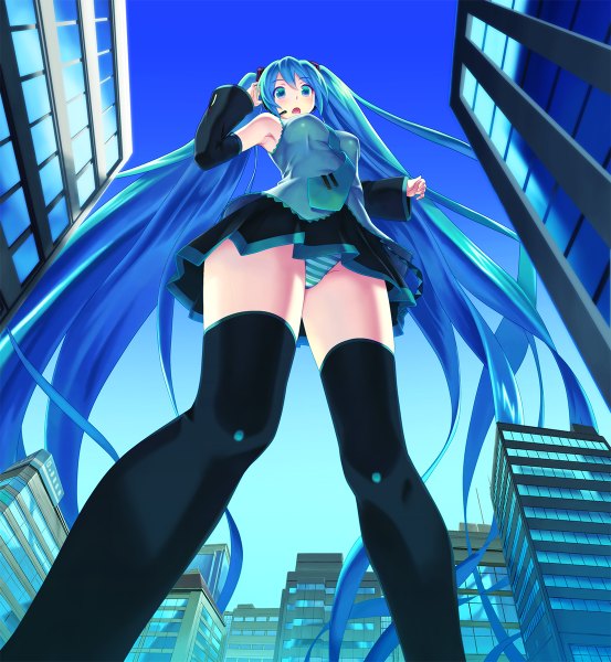 Anime picture 1106x1200 with vocaloid hatsune miku single tall image open mouth light erotic twintails blue hair very long hair pantyshot city girl thighhighs underwear panties black thighhighs miniskirt building (buildings)
