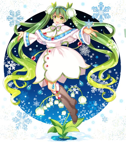 Anime picture 1500x1688 with vocaloid hatsune miku yuki miku yuki miku (2015) zonana single tall image looking at viewer blush fringe open mouth twintails green eyes very long hair green hair spread arms snowflake print girl flower (flowers) knee boots