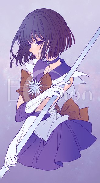 Anime picture 606x1102 with bishoujo senshi sailor moon toei animation tomoe hotaru sailor saturn eclosion single tall image short hair black hair simple background purple eyes holding signed profile pleated skirt lipstick looking down crossed arms pink lipstick purple background