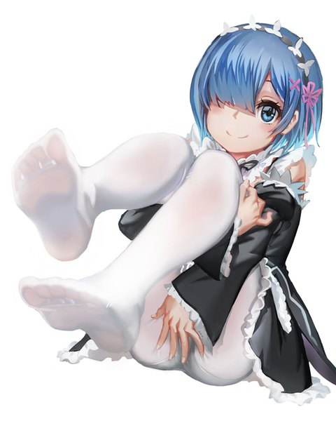 Anime-Bild 800x1000 mit re:zero kara hajimeru isekai seikatsu white fox rem (re:zero) streamingsun single tall image looking at viewer blush fringe short hair blue eyes light erotic simple background smile white background sitting blue hair full body bent knee (knees) blunt bangs