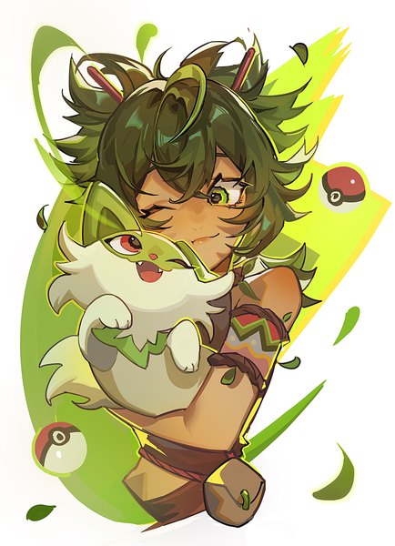 Anime picture 1925x2660 with pokemon nintendo sprigatito mato-c single tall image fringe highres short hair smile hair between eyes bare shoulders green eyes upper body one eye closed green hair sleeveless dark skin eye contact carrying