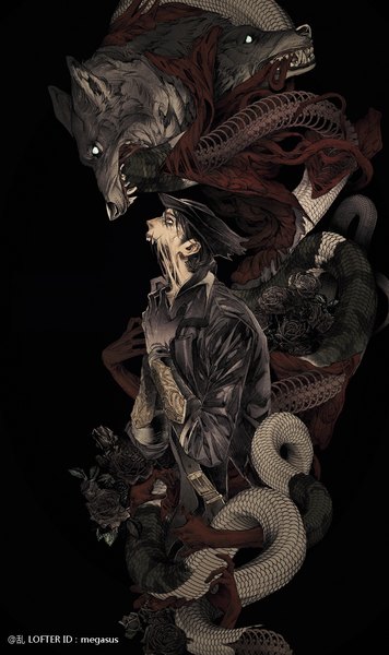 Anime picture 750x1265 with bloodborne from software hunter (bloodborne) megasus single tall image short hair black hair simple background red eyes signed looking away black background guro boy gloves hat animal black gloves snake
