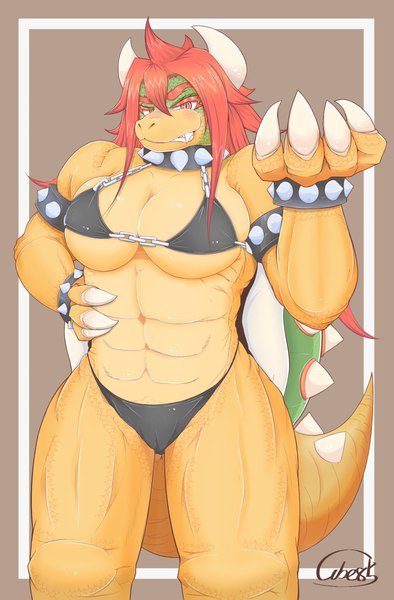 Anime picture 1162x1770 with super mario bros. bowser cube85 single tall image looking at viewer breasts light erotic smile red eyes signed red hair tail animal tail horn (horns) hand on hip grin brown background genderswap boy