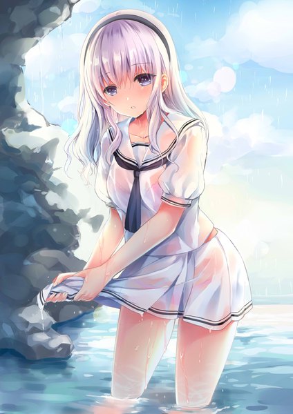 Anime picture 814x1151 with original yuuri (mafuyu) mafuyu single long hair tall image looking at viewer fringe breasts light erotic hair between eyes standing purple eyes silver hair cloud (clouds) outdoors parted lips pleated skirt short sleeves wet