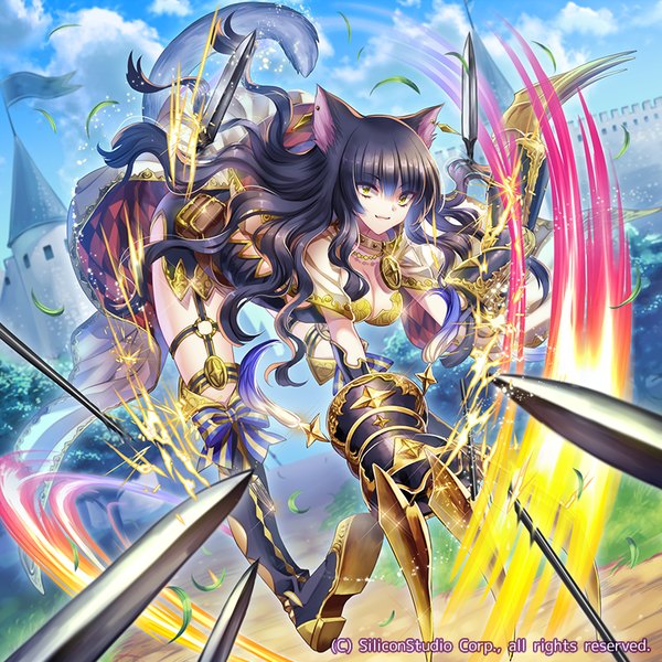 Anime picture 800x800 with original rinko (mg54) single long hair looking at viewer breasts light erotic black hair animal ears yellow eyes tail animal tail cat ears cat girl cat tail girl bow weapon sword boots
