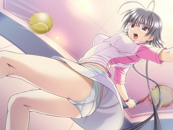 Anime picture 1024x768 with yakin byoutou light erotic black hair red eyes game cg tennis girl underwear panties