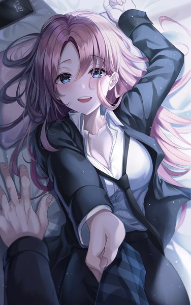 Anime picture 2000x3193 with original gongha long hair tall image looking at viewer blush fringe highres breasts open mouth smile hair between eyes pink hair cleavage lying :d arm up fingernails open clothes on back