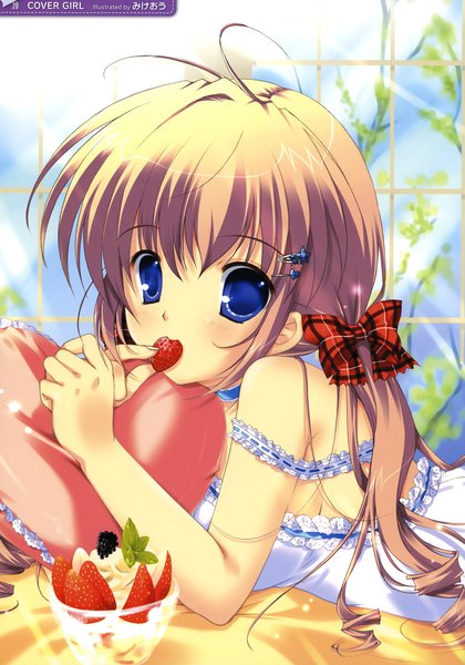 Anime picture 1951x2786 with mikeou long hair tall image highres blue eyes blonde hair scan official art girl dress bow hair bow food pillow sundress berry (berries) strawberry