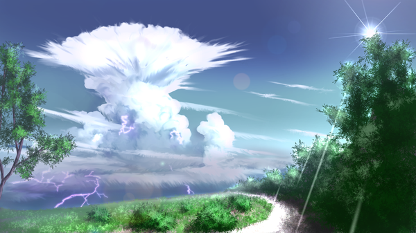 Anime picture 1920x1080 with original tsuruzen highres wide image sky cloud (clouds) no people landscape nature lightning plant (plants) tree (trees) path