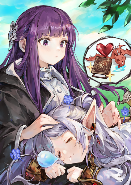Anime picture 2480x3508 with sousou no frieren frieren fern (sousou no frieren) eisen (sousou no frieren) a yue long hair tall image highres purple eyes twintails multiple girls silver hair purple hair outdoors eyes closed pointy ears elf hand on head sleeping lap pillow