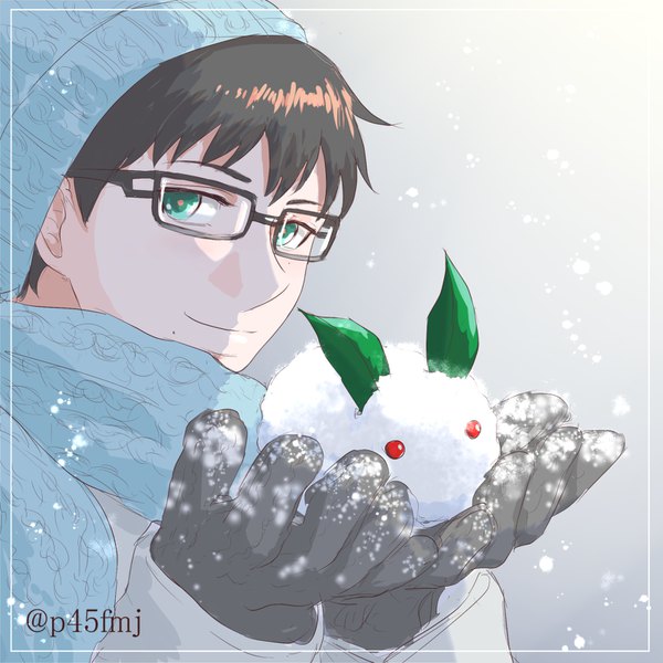 Anime picture 1612x1612 with ao no exorcist a-1 pictures okumura yukio p45fmj single fringe short hair smile brown hair holding green eyes signed upper body grey background mole twitter username winter snow mole under mouth boy