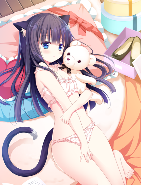 Anime picture 718x944 with original shiwasu horio single long hair tall image looking at viewer blush fringe blue eyes light erotic holding animal ears purple hair indoors tail lying blunt bangs animal tail cat ears cat girl