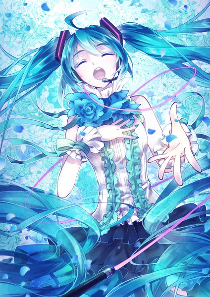 Anime picture 1240x1754 with vocaloid hatsune miku momoko (momoko14) single tall image fringe open mouth twintails bare shoulders eyes closed very long hair nail polish aqua hair outstretched arm hand on chest singing girl skirt flower (flowers) ribbon (ribbons)