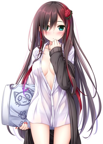 Anime-Bild 1072x1500 mit original yoye (pastel white) single long hair tall image blush fringe breasts light erotic simple background hair between eyes brown hair large breasts standing white background holding red hair long sleeves nail polish hair flower