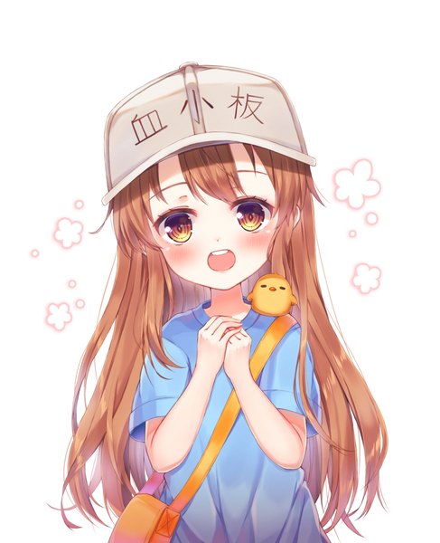 Anime picture 1769x2176 with hataraku saibou david production platelet (hataraku saibou) foreign blue single long hair tall image looking at viewer blush fringe highres open mouth simple background smile brown hair white background brown eyes payot upper body :d