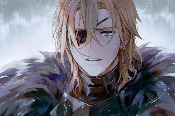 Anime picture 1200x800 with fire emblem fire emblem: three houses nintendo dimitri alexandre blaiddyd danhu single looking at viewer fringe short hair open mouth blue eyes blonde hair hair between eyes signed upper body fur trim tears rain boy armor