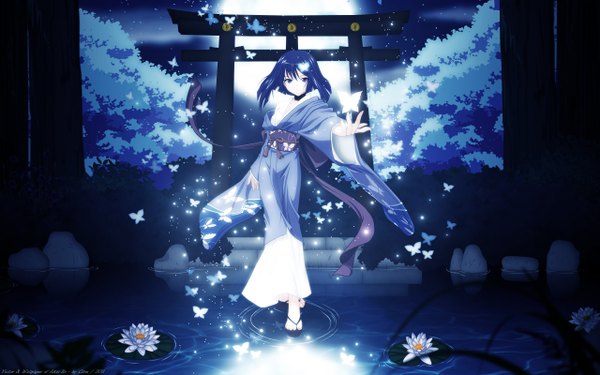 Anime picture 2560x1600 with akai ito hatou yumei cilou (artist) single highres short hair blue eyes wide image blue hair japanese clothes girl kimono insect butterfly moon torii water lily