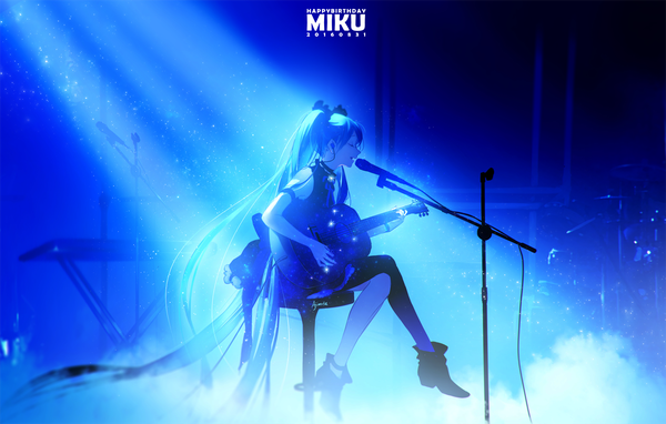 Anime picture 1280x817 with vocaloid hatsune miku ajimita single open mouth sitting twintails signed blue hair full body eyes closed very long hair profile character names dated smoke happy birthday singing playing instrument girl
