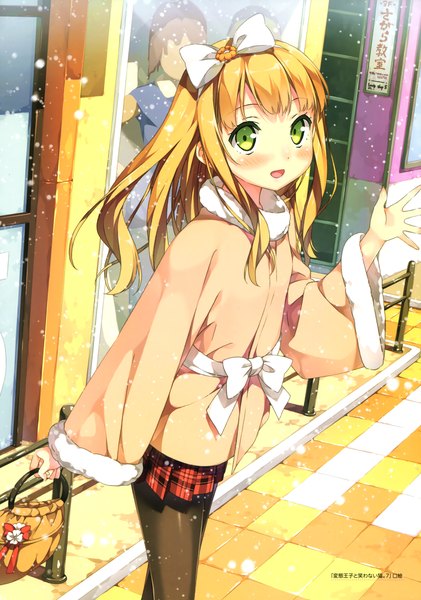 Anime picture 2529x3600 with hentai ouji to warawanai neko j.c. staff azuki azusa kantoku single long hair tall image looking at viewer blush highres blonde hair green eyes pleated skirt from above official art dutch angle fur trim snowing winter girl