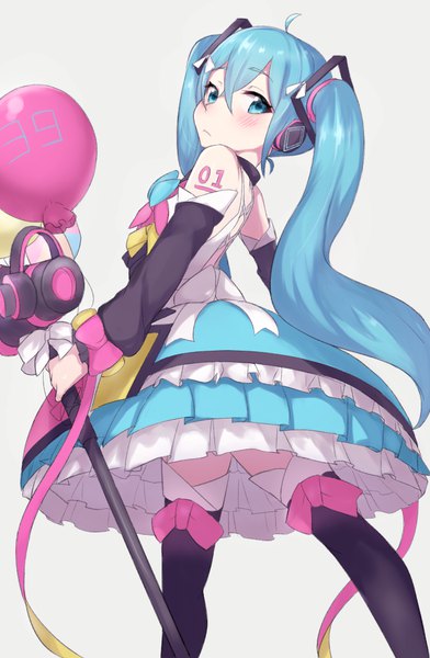 Anime picture 654x1000 with vocaloid magical mirai (vocaloid) hatsune miku magical mirai miku magical mirai miku (2018) ichijou (kr neru0) single long hair tall image looking at viewer blush fringe blue eyes simple background hair between eyes twintails blue hair ahoge frilled dress 39