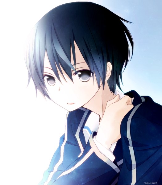 Anime picture 700x800 with sword art online a-1 pictures kirigaya kazuto tsukimori usako single tall image looking at viewer short hair black hair simple background signed parted lips black eyes portrait boy