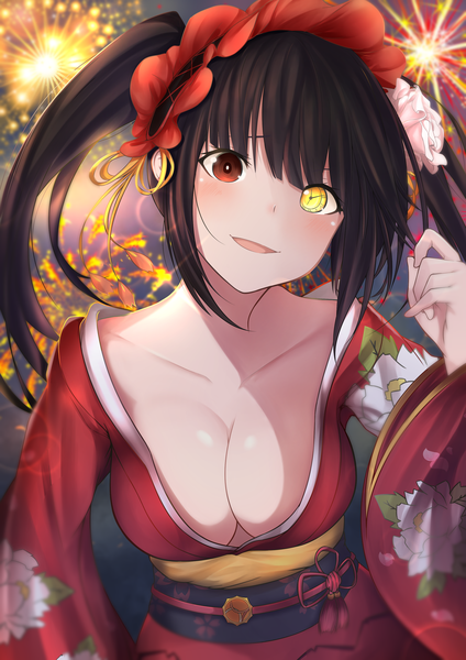 Anime picture 2480x3508 with date a live tokisaki kurumi mr2d single long hair tall image looking at viewer blush fringe highres breasts open mouth light erotic black hair hair between eyes red eyes large breasts standing twintails yellow eyes