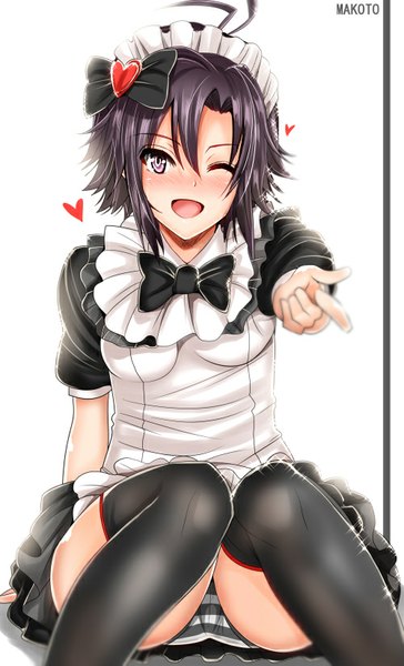 Anime picture 500x824 with idolmaster kikuchi makoto inu (marukome) single tall image looking at viewer blush fringe short hair open mouth light erotic black hair simple background smile white background purple eyes one eye closed wink maid pantyshot