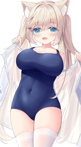 Anime picture 800x1440 with virtual youtuber indie virtual youtuber satsuki yukimi (vtuber) satsuki yukimi single long hair tall image looking at viewer blush fringe breasts open mouth light erotic simple background blonde hair smile hair between eyes large breasts standing white background